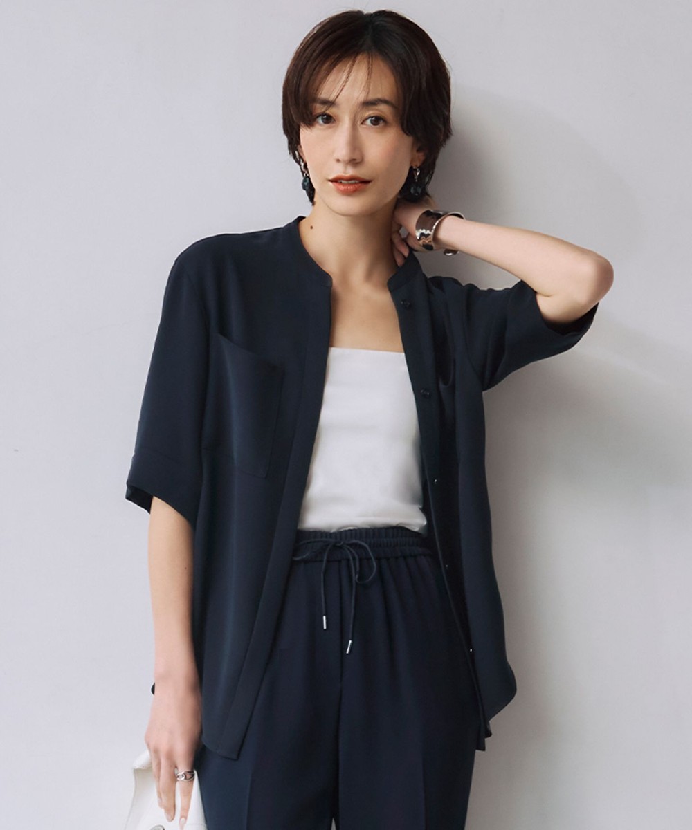 【オンワード】 ICB>トップス 【UVカット・防シワ・洗える】ライトダブルクロス バンドカラーブラウス ネイビー 0 レディース 【オンワード】 ICB>トップス 【UVカット・防シワ・洗える】ライトダブルクロス バンドカラーブラウス ネイビー 0 レディース