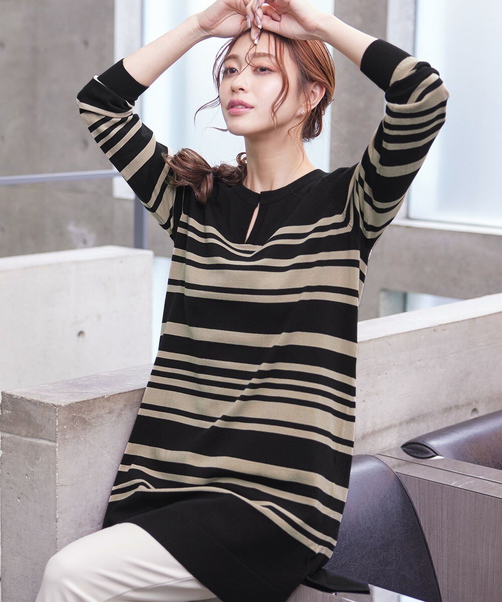 【洗える】キーネックボーダーニットチュニック