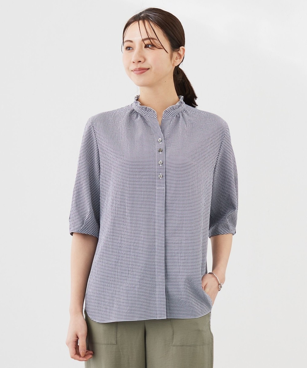 【オンワード】 J.PRESS LADIES S(小さいサイズ)>トップス 【洗える】アセVis ギンガム フリル襟 ブラウス ネイビー P5 レディース 【オンワード】 J.PRESS LADIES S(小さいサイズ)>トップス 【洗える】アセVis ギンガム フリル襟 ブラウス ネイビー P5 レディース