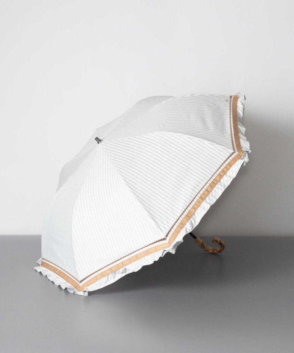 ＜オンワード＞AURORA>ファッション雑貨 Blao（ブラオ）フリルスタイル 晴雨兼用傘（トップフラット折傘）日傘 ライトグレー ストライプ FREE レディース 【送料無料】画像