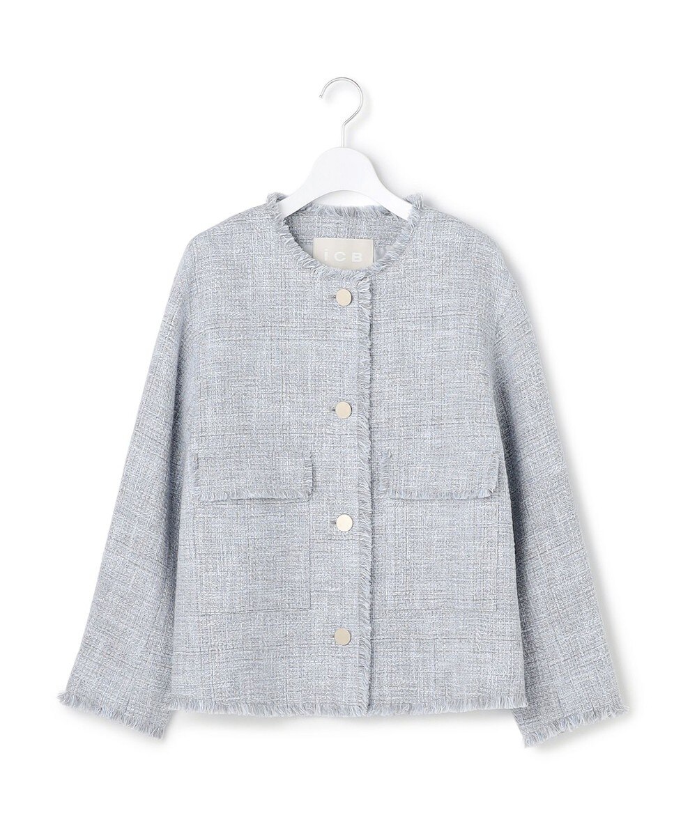 【オンワード】 ICB L（大きいサイズ）>ジャケット/アウター 【先行予約・洗える】ライトブッチャーツイード ノーカラージャケット ライトグレーミックス 42 レディース