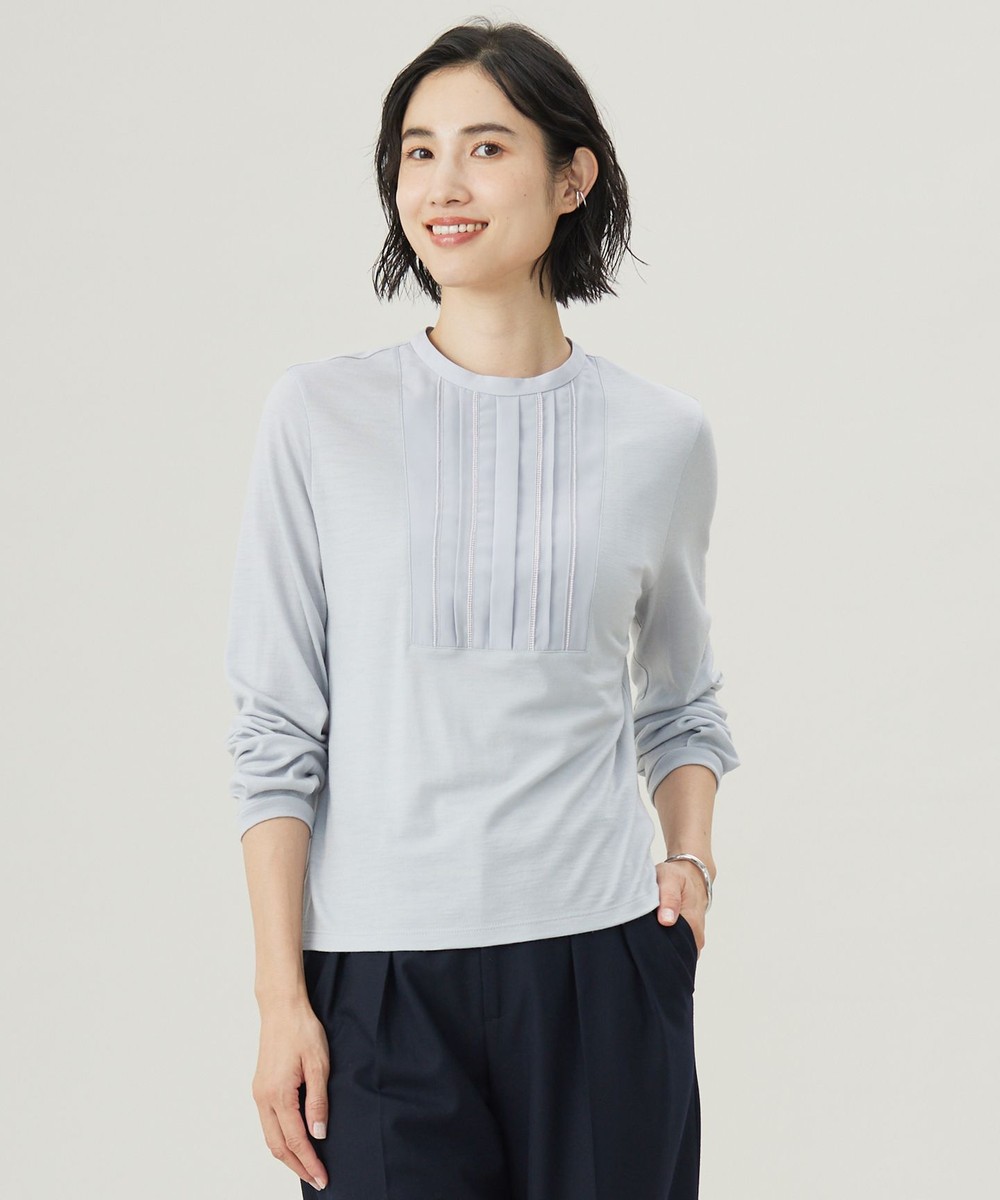 【オンワード】 J.PRESS LADIES L（大きいサイズ）>トップス ウォッシャブルウール タック ドットレース カットソー ライトグレー T13 レディース