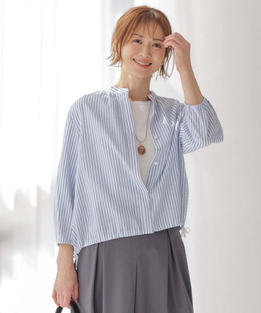 【オンワード】 J.PRESS LADIES L(大きいサイズ)>トップス 【洗える・接触冷感・吸水速乾】麻STRIPE バンドカラー シャツ ブラウス サックスストライプ T15 レディース 【オンワード】 J.PRESS LADIES L(大きいサイズ)>トップス 【洗える・接触冷感・吸水速乾】麻STRIPE バンドカラー シャツ ブラウス サックスストライプ T15 レディース