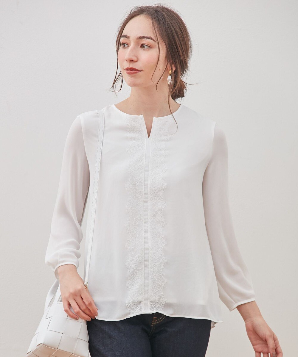 【オンワード】 自由区 L>トップス フロントレース シフォン ホワイト 44 レディース 【送料無料】