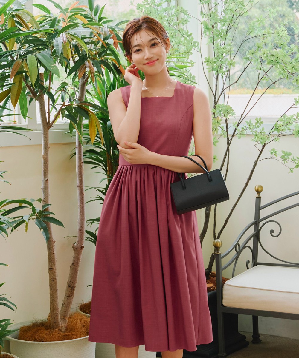 【洗える】麻調スクエアネックワンピース