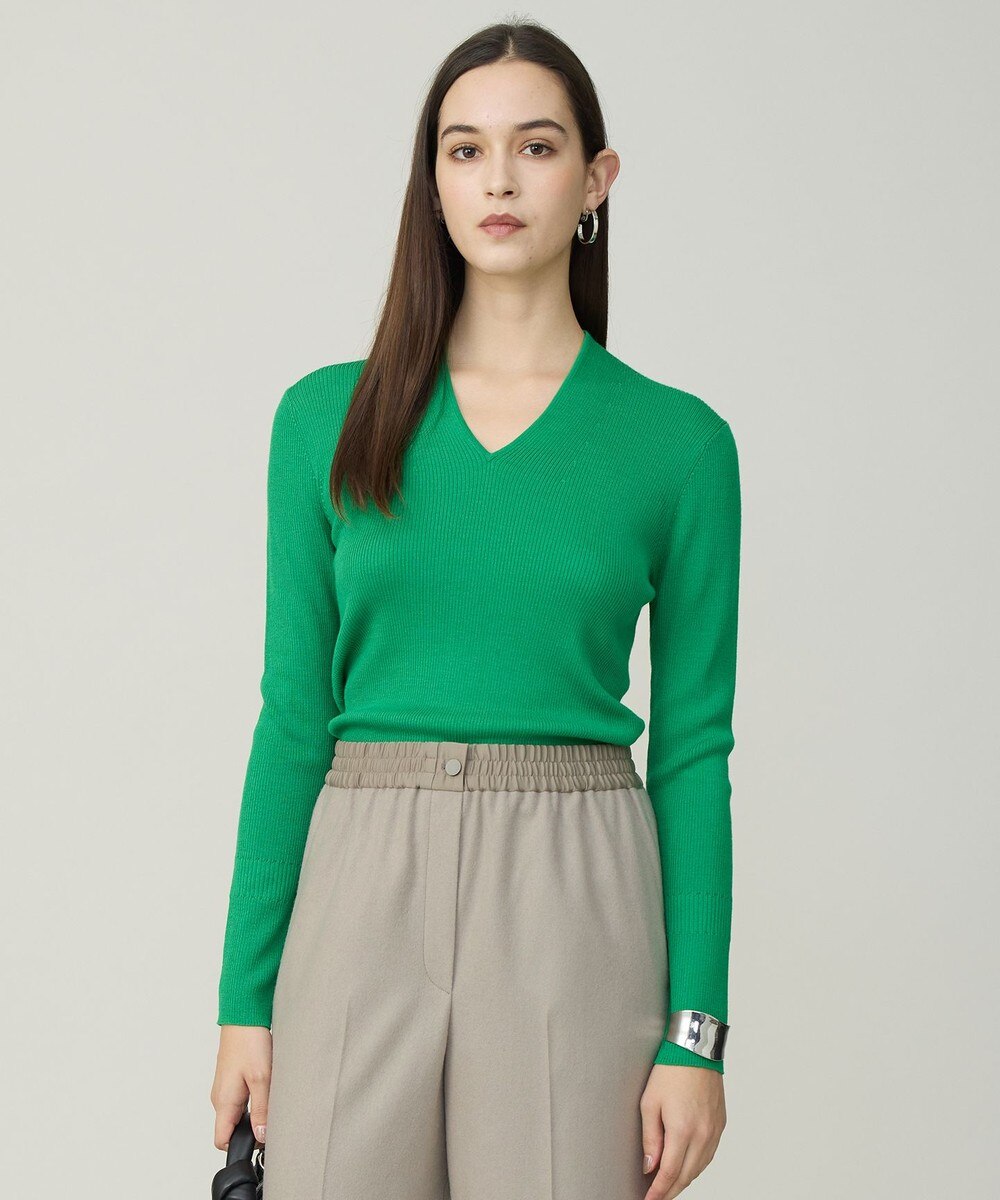 【オンワード】 ICB L（大きいサイズ）>トップス 【新色追加・洗える】 エクストラファインメリノリブ Vネックプルオーバー グリーン L レディース