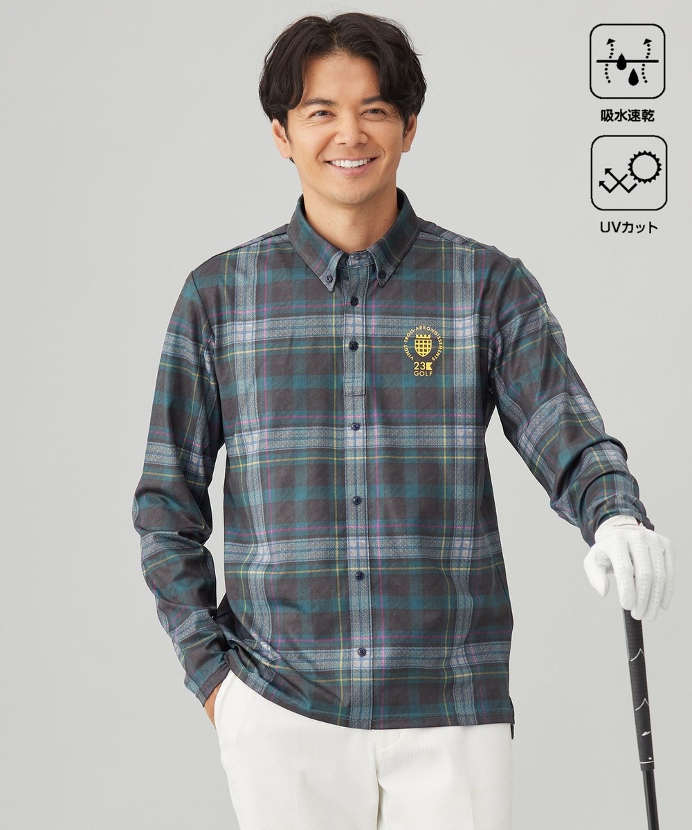 【オンワード】 23区GOLF>トップス 【MEN】【吸水速乾/UVカット】タータンチェック柄長袖シャツ ダークグリーン L メンズ