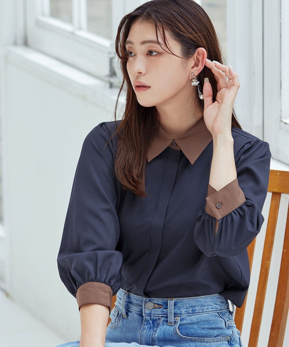 【洗える】配色パフスリーブシャツブラウス