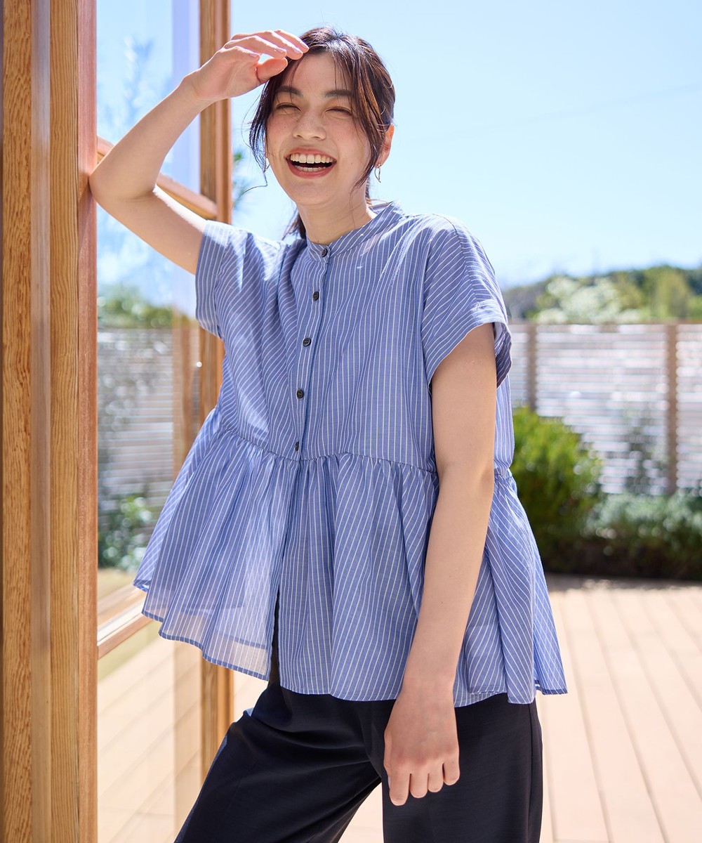 【オンワード】 ANY>トップス 【洗濯機可】半袖ティアードブラウス ネイビー×ストライプ F レディース 【オンワード】 ANY>トップス 【洗濯機可】半袖ティアードブラウス ネイビー×ストライプ F レディース