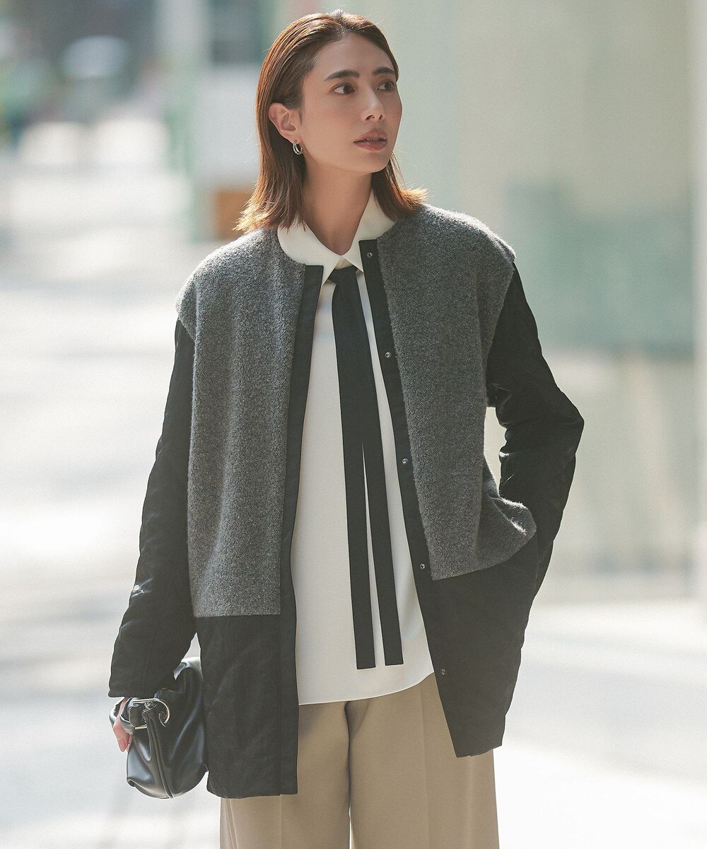 【オンワード】 ICB>ジャケット/アウター 【リバーシブル着用可能】 リバーシブルキルト ミドル丈コート チャコール×ブラック 2 レディース