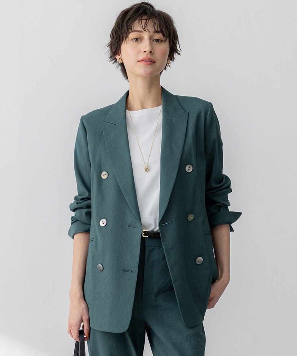 【オンワード】 23区>ジャケット/アウター 【洗える】リネンレーヨンストレッチ ダブル ジャケット ダークグリーン 40 レディース