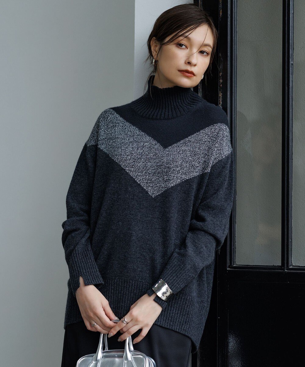 【オンワード】 ICB>トップス 【洗える】ソフトカシミヤミックス インターシャ ハイネックニット ブラック XS レディース