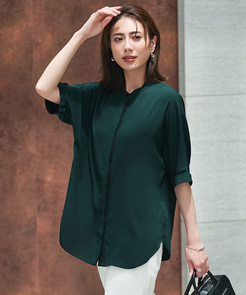 【オンワード】 ICB L(大きいサイズ)>トップス 【人気のため新色追加・接触冷感・UVケア・速乾・洗える】BackSatinAmunzen 5分袖バンドカラーブラウス ディープパイン L レディース 【オンワード】 ICB L(大きいサイズ)>トップス 【人気のため新色追加・接触冷感・UVケア・速乾・洗える】BackSatinAmunzen 5分袖バンドカラーブラウス ディープパイン L レディース