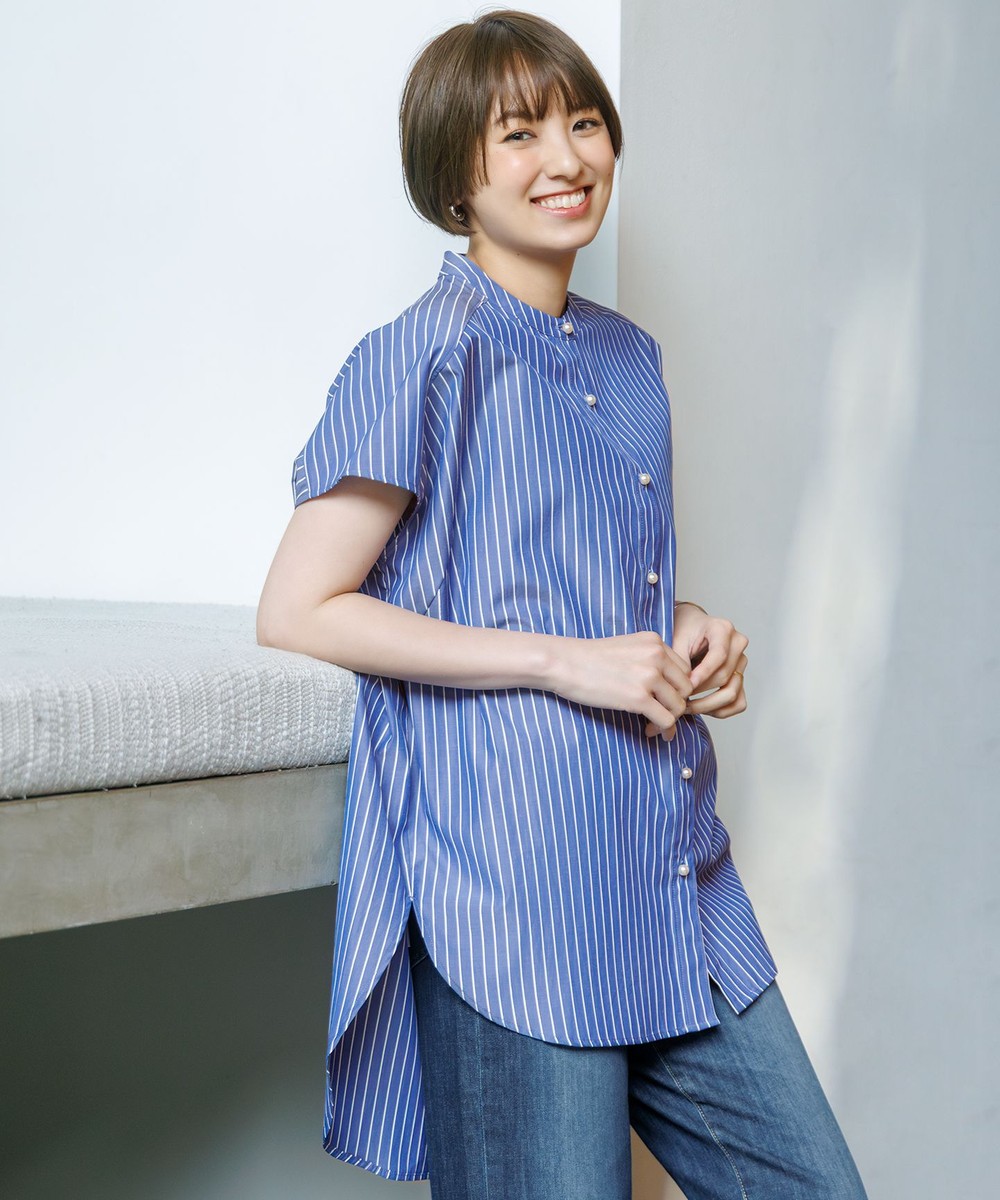 【オンワード】 ANY>トップス 【洗濯機可】ラメストライプ半袖シャツブラウス ネイビー×オフストライプ 2 レディース 【オンワード】 ANY>トップス 【洗濯機可】ラメストライプ半袖シャツブラウス ネイビー×オフストライプ 2 レディース