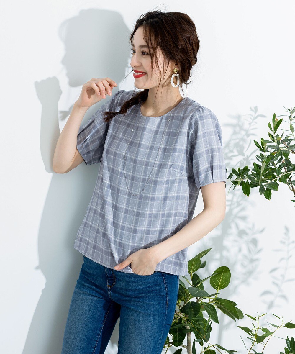 【洗える】シンプルで使いやすいタックパフ袖ブラウス