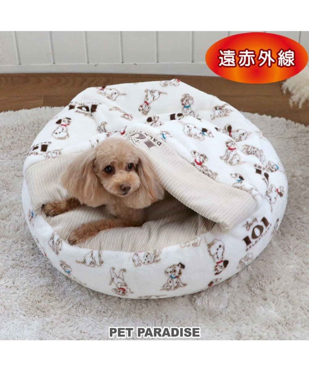PET PARADISE>ペットグッズ 犬 ベッド 遠赤外線 ディズニー １０１匹わんちゃん 丸型 寝袋 カドラー (60cm) 白~オフホワイト Ｐ／5ｋ 【送料無料】