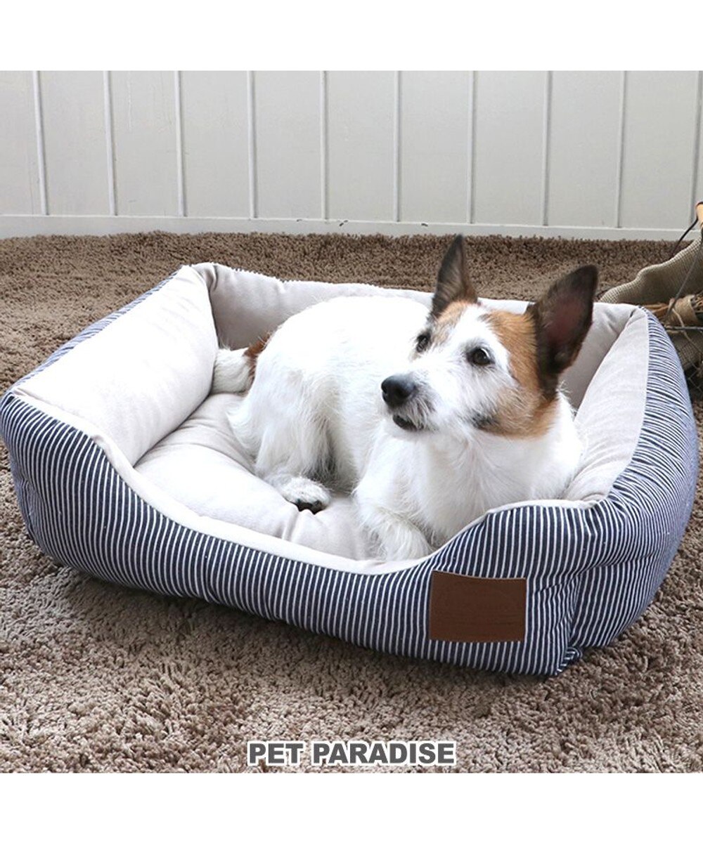 PET PARADISE>ペットグッズ ヒッコリー ベッド カドラー (57×45cm) 【小型犬】 紺（ネイビー・インディゴ） - 【送料無料】