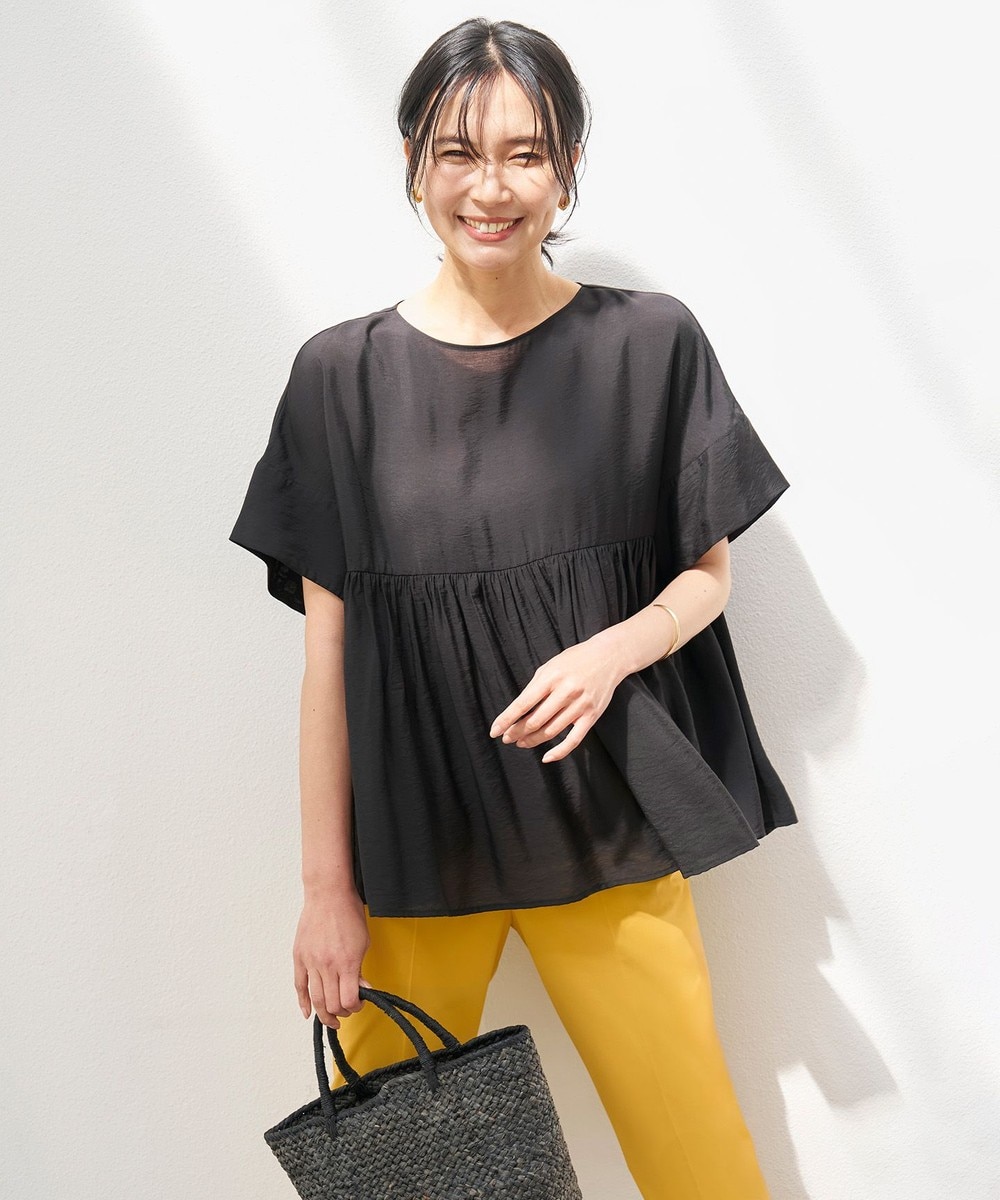 【撥水/接触冷感/洗える】ヴィンテージシアー ギャザーペプラムブラウス