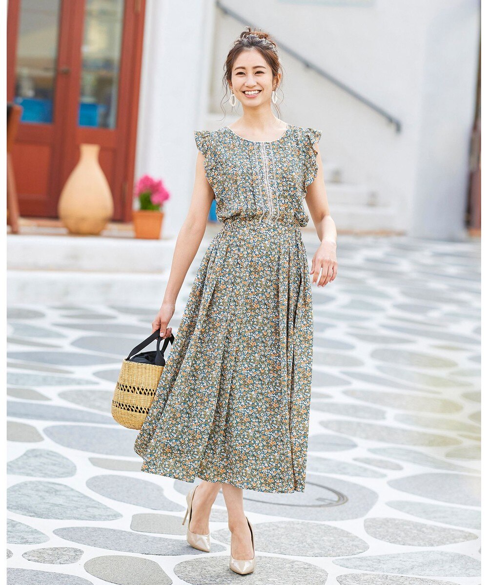 【洗える】大人華やかな花柄フリルマキシワンピース