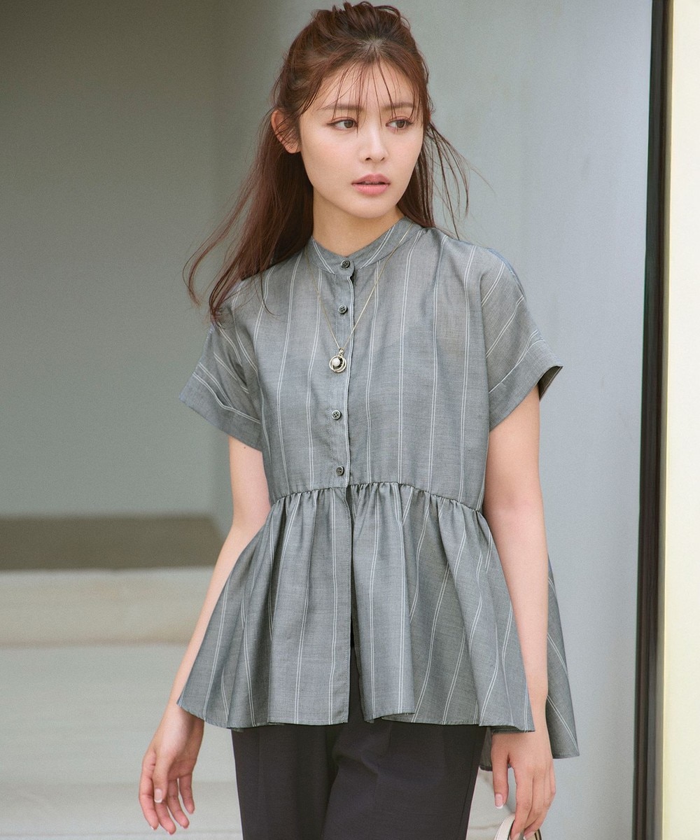 【オンワード】 ANY>トップス 【洗濯機可】半袖ティアードブラウス チャコール×ストライプ F レディース 【オンワード】 ANY>トップス 【洗濯機可】半袖ティアードブラウス チャコール×ストライプ F レディース