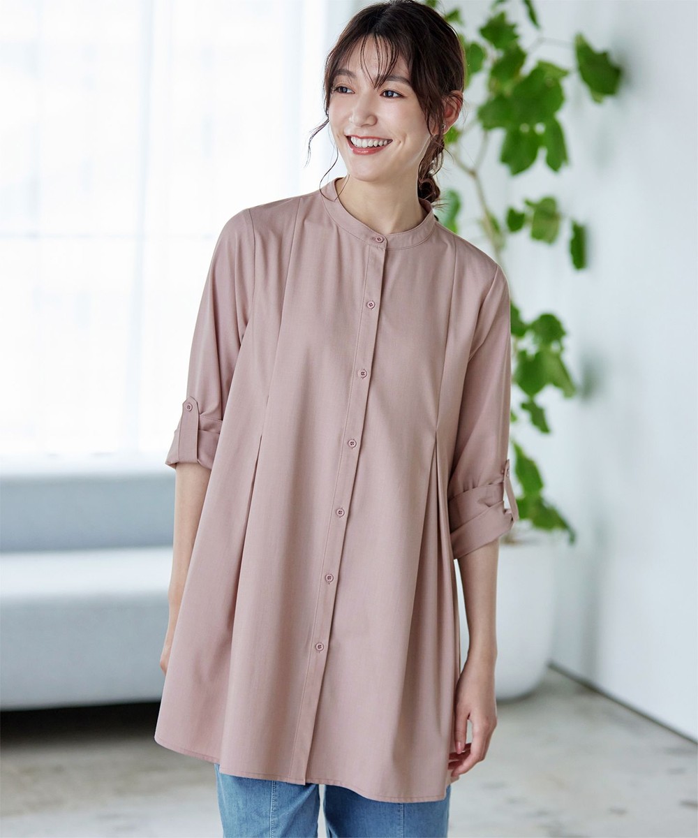 【洗える】-TiaBASIC-バンドカラーシャツチュニックブラウス