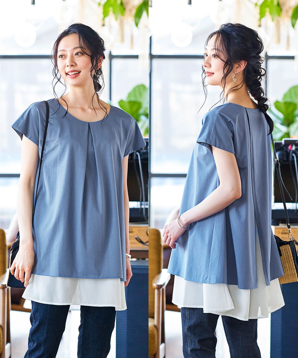 【洗える】 異素材を組み合わせたバックシャンカットチュニックブラウス