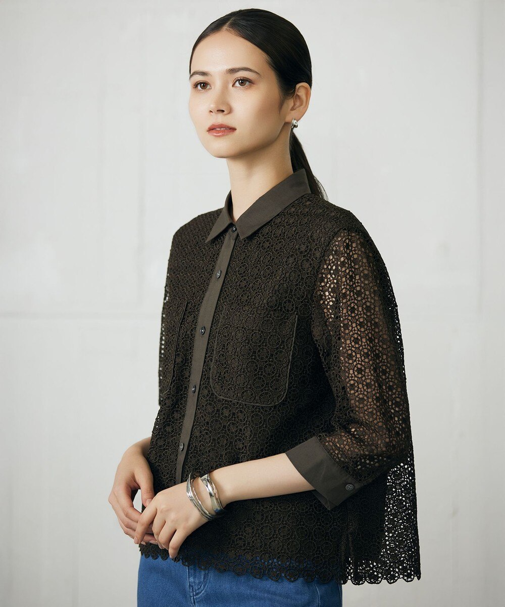 【オンワード】 自由区>トップス 【ドラマ「明日はもっと いい日になる」着用】【洗える】ジオメトリックフラワーレースクロップド丈シャツ ブラウス [新色]ダークオリーブ 40 レディース