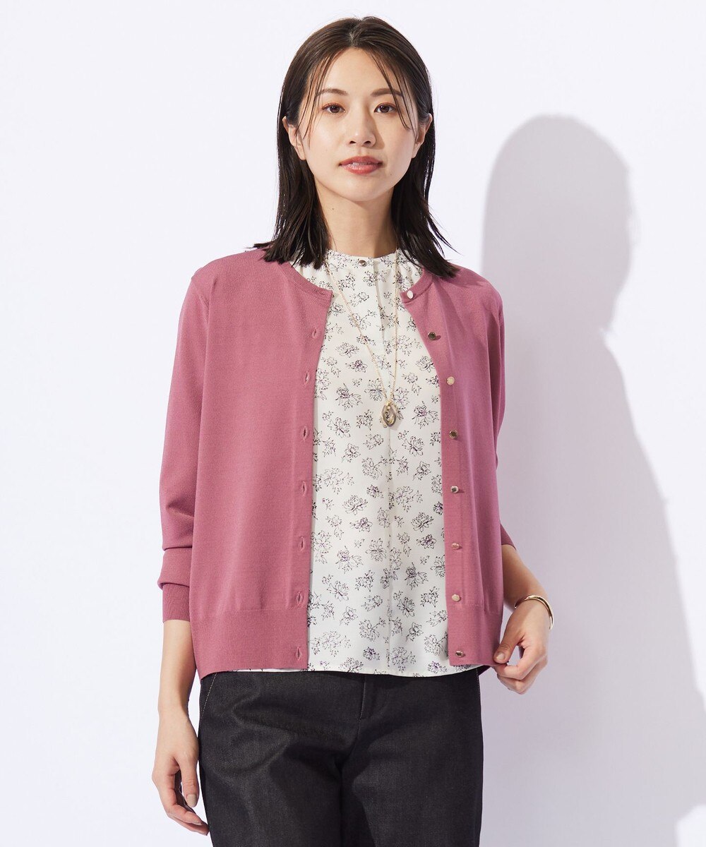 【オンワード】 J.PRESS LADIES>トップス 【洗える】レーヨンエリートストレッチ クルーネック カーディガン ローズピンク L レディース