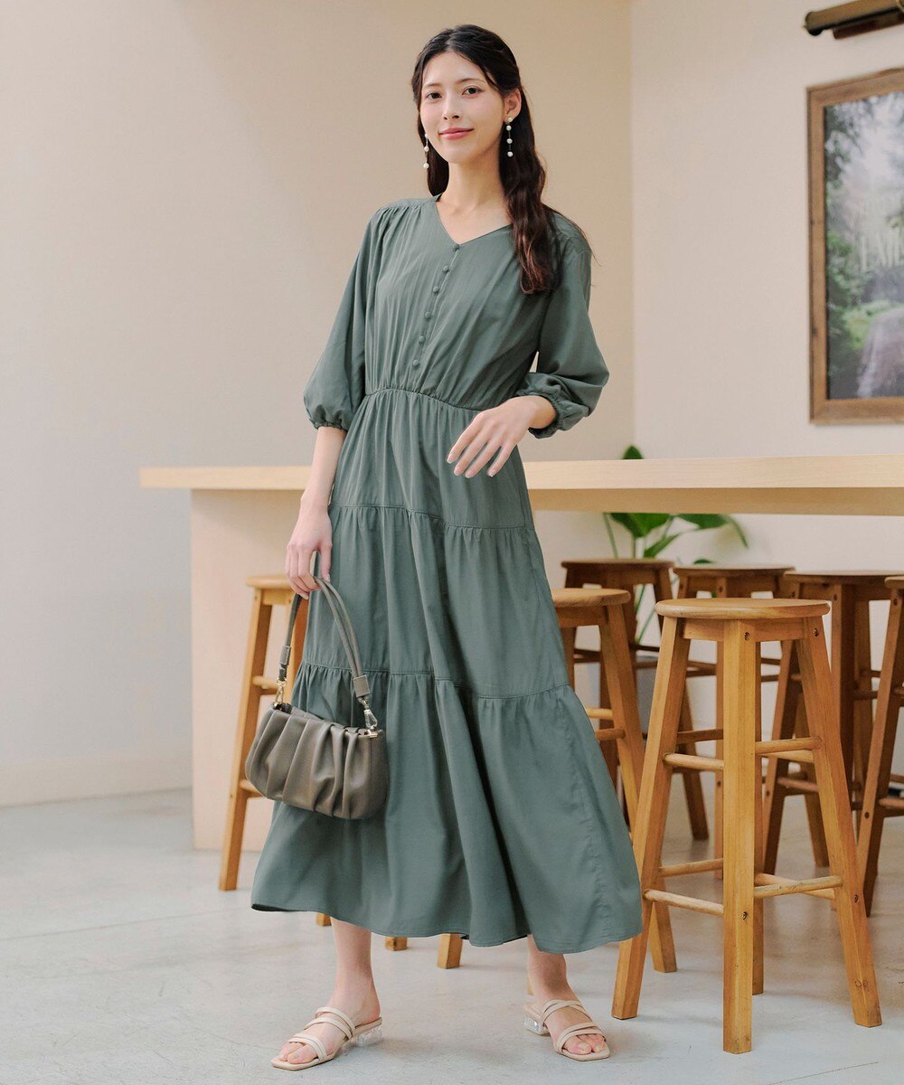 【2WAY・洗える】パフスリーブティアードマキシワンピース