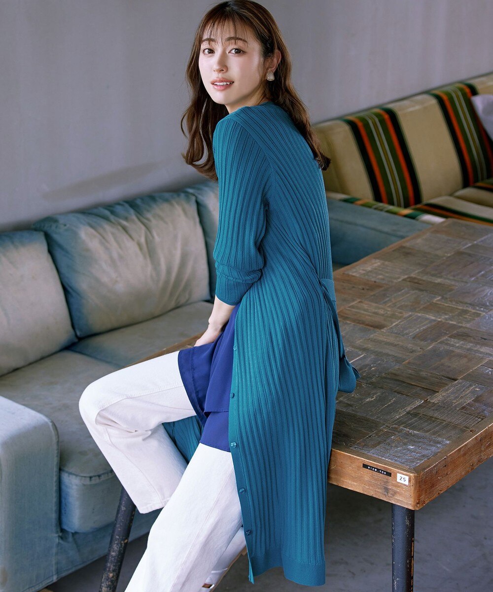 【洗える】ベルト付きランダムリブロングカーディガン