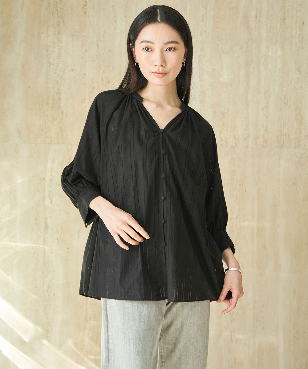【オンワード】 UNFILO>トップス 【洗える】ストライプレース ギャザーブラウス ブラック M レディース 【オンワード】 UNFILO>トップス 【洗える】ストライプレース ギャザーブラウス ブラック M レディース