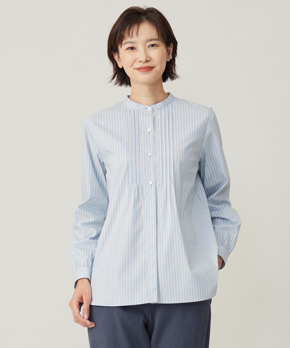 【オンワード】 J.PRESS LADIES L（大きいサイズ）>トップス 【洗える】BEZコットンナイロン ストライプ ピンタック ブラウス ブルー×イエローストライプ T15 レディース