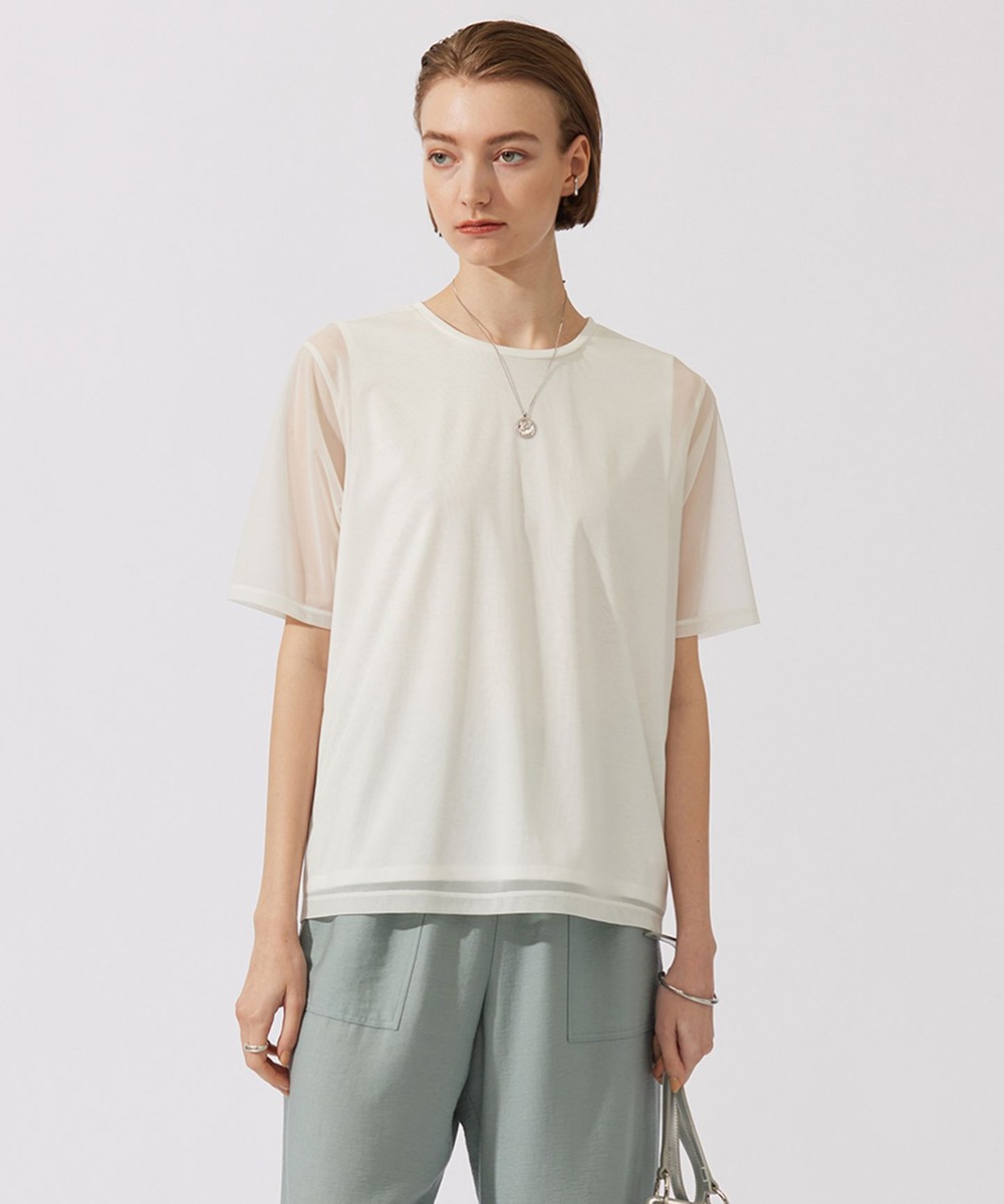 【オンワード】 ICB>トップス 【接触冷感・洗える】 チュールコンビ カットソー オフホワイト S レディース 【オンワード】 ICB>トップス 【接触冷感・洗える】 チュールコンビ カットソー オフホワイト S レディース