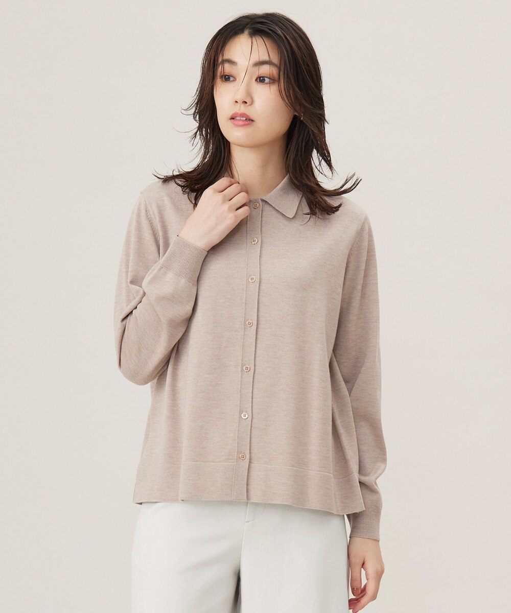 【オンワード】 J.PRESS LADIES>トップス 【洗える】WORSTED WOOL BLEND ポロ襟付き カーディガン ベージュ L レディース