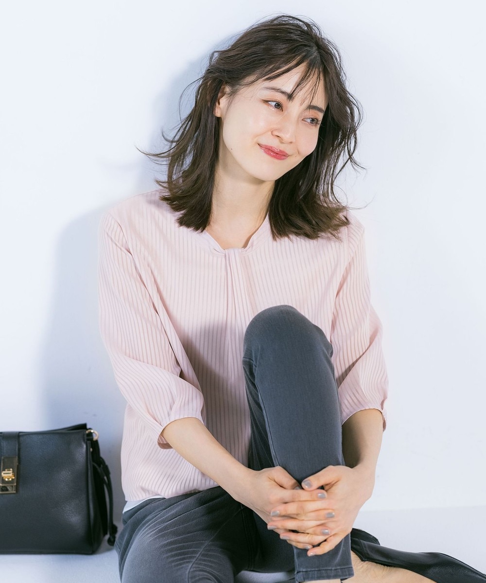 【オンワード】 J.PRESS LADIES L>トップス レイヤードボウタイ ストライプ カットソー スモーキーグリーン T13 レディース 【送料無料】