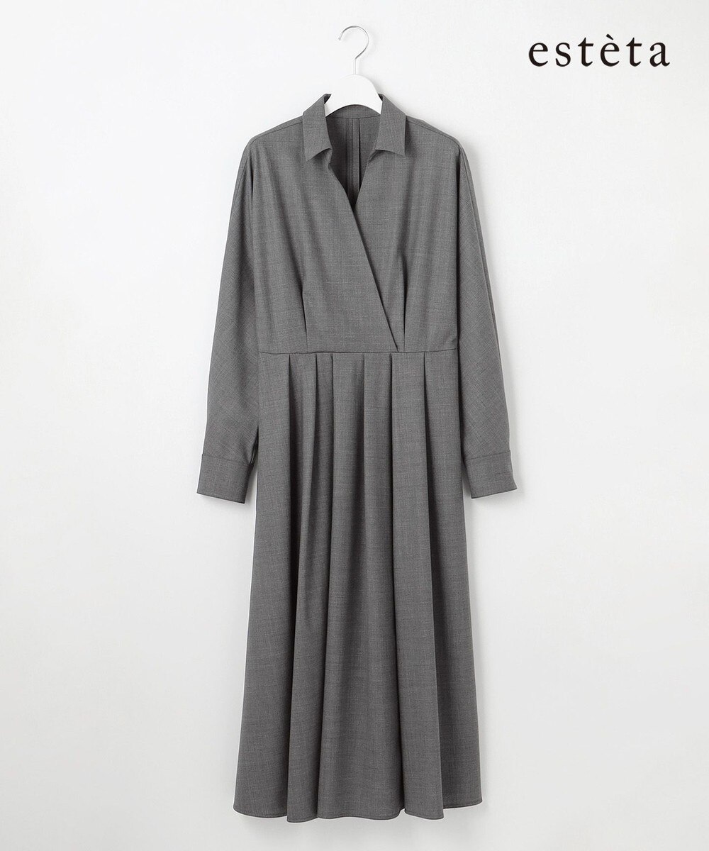 【オンワード】 23区 L（大きいサイズ）>ワンピース 【エステータ】ウールトロドライストレッチ カシュクールシャツ ワンピース グレー 48 レディース