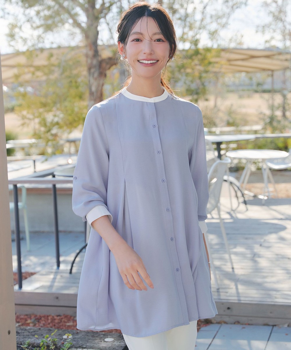 【新色追加】バンドカラーシャツチュニックブラウス