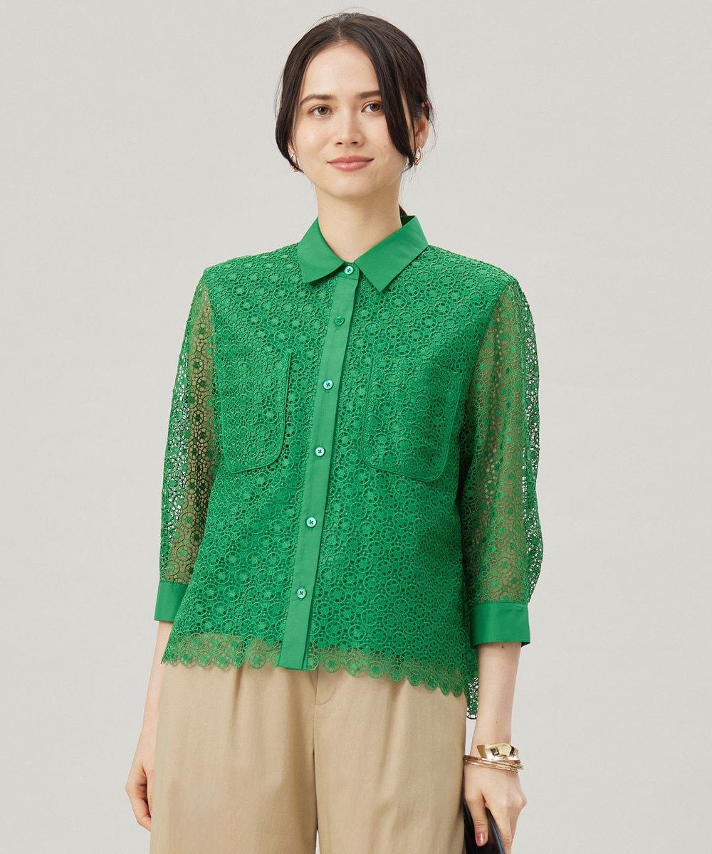 【オンワード】 自由区>トップス 【ドラマ「明日はもっと いい日になる」着用】【洗える】ジオメトリックフラワーレースクロップド丈シャツ ブラウス グリーン 40 レディース 【オンワード】 自由区>トップス 【ドラマ「明日はもっと いい日になる」着用】【洗える】ジオメトリックフラワーレースクロップド丈シャツ ブラウス グリーン 40 レディース