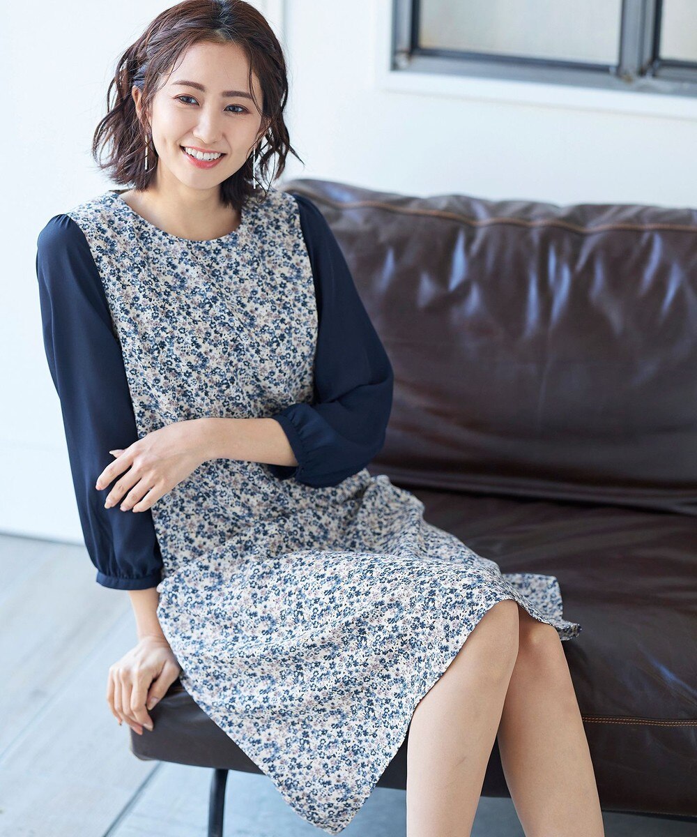 【洗える】異素材使いの花柄Aラインコンビワンピース