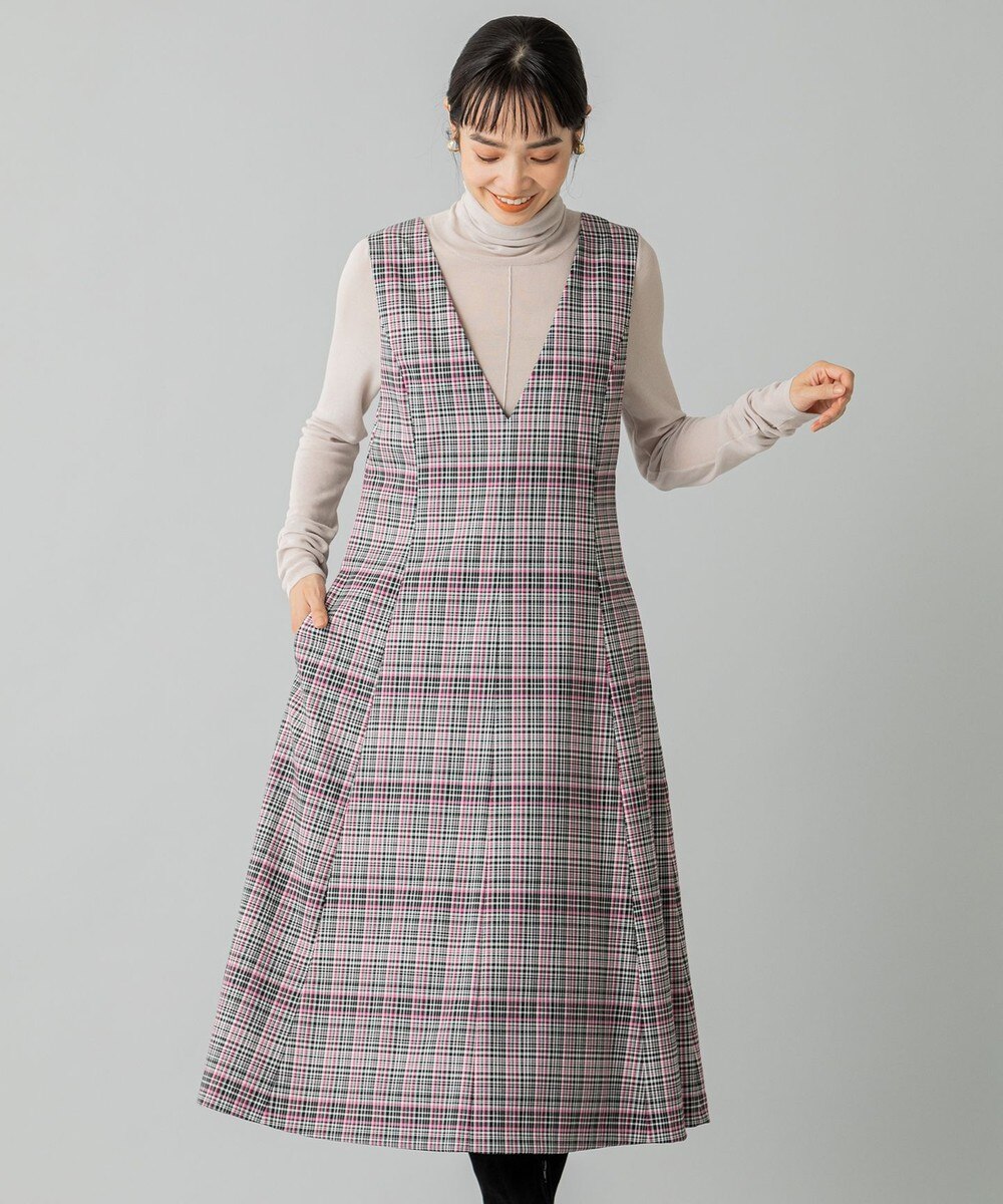 【オンワード】 組曲 S>ワンピース 【洗える】ランダムチェック ジャンパースカート ピンク S2 レディース 【送料無料】