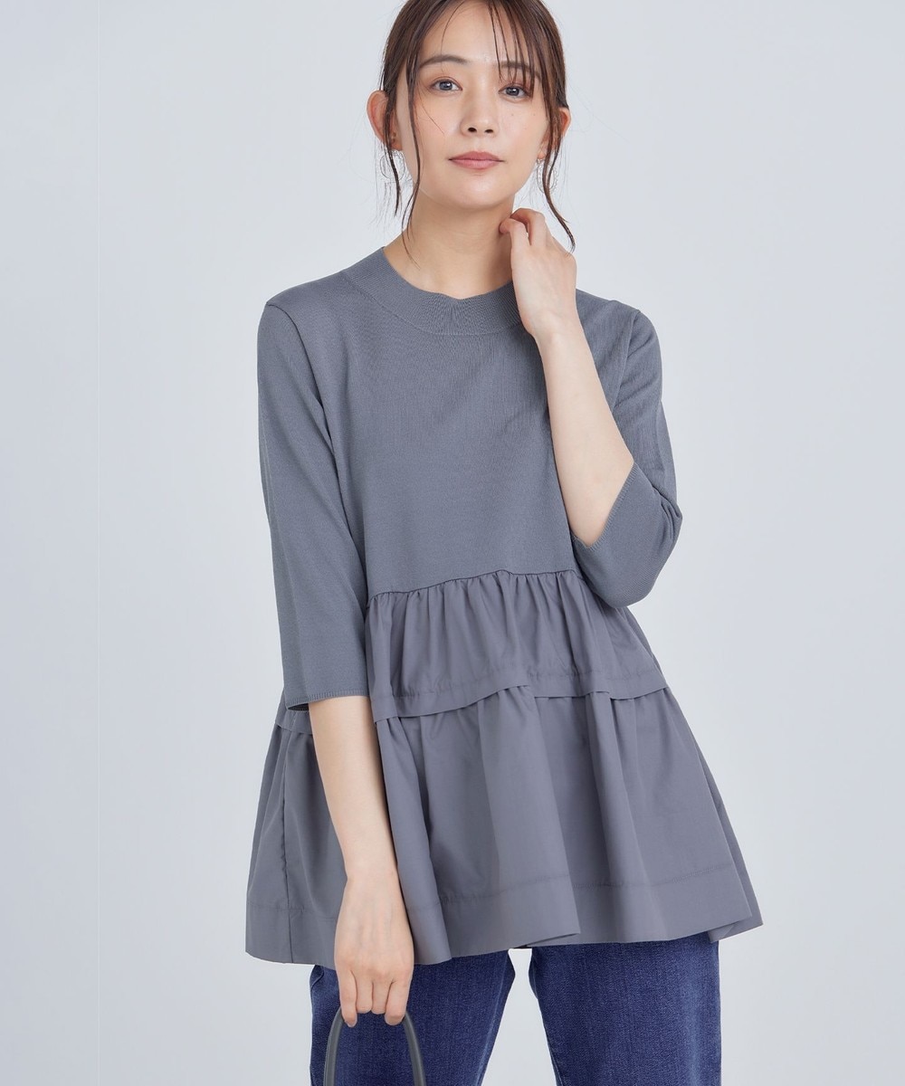 【オンワード】 組曲>トップス 【UVケア・接触冷感・六分袖】ブラウスコンビ ティアードニット チャコールグレー 2 レディース 【オンワード】 組曲>トップス 【UVケア・接触冷感・六分袖】ブラウスコンビ ティアードニット チャコールグレー 2 レディース