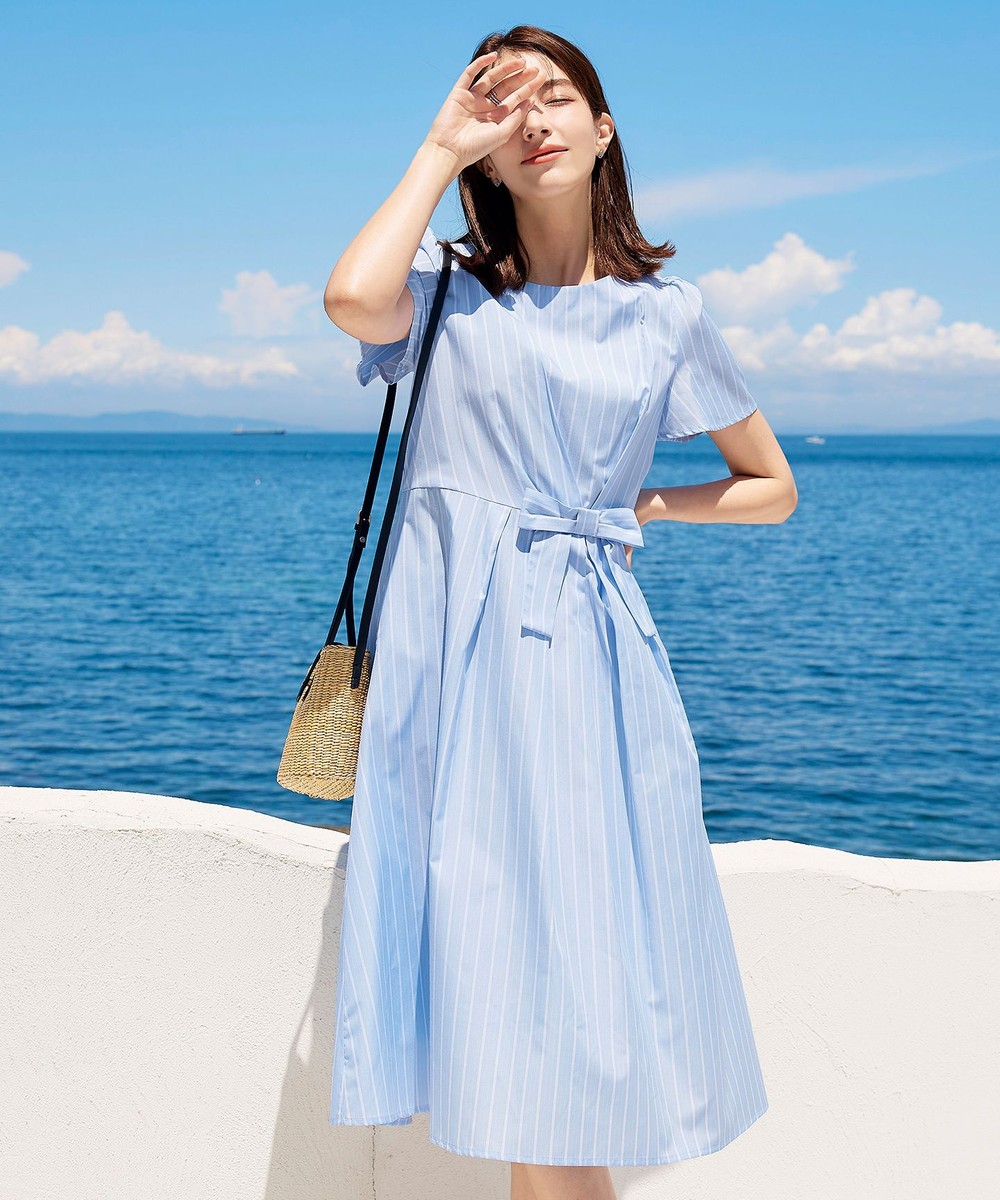 【洗える】ストライプアシンメトリーリボンワンピース