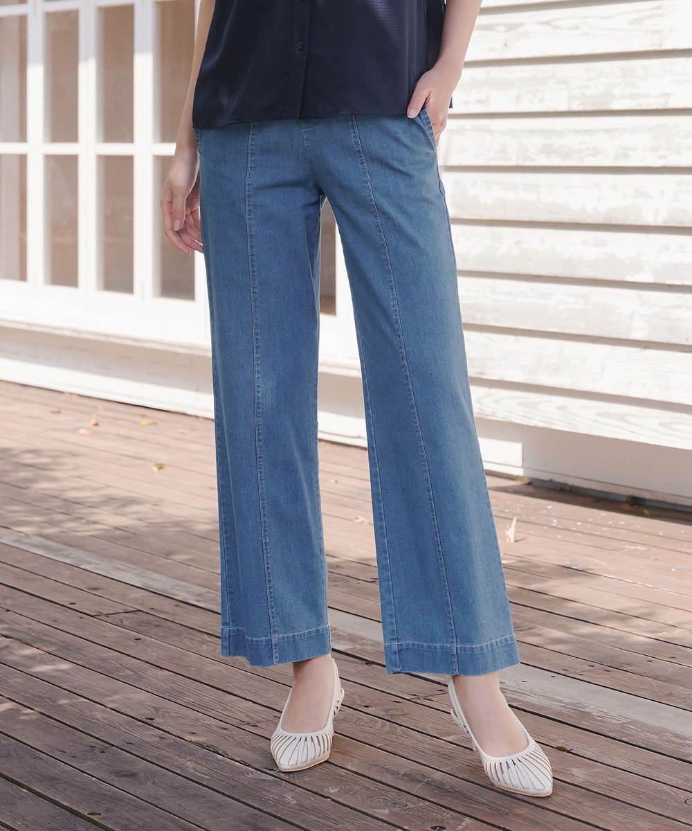 【洗える】TCデニム切替ワイドストレートパンツ