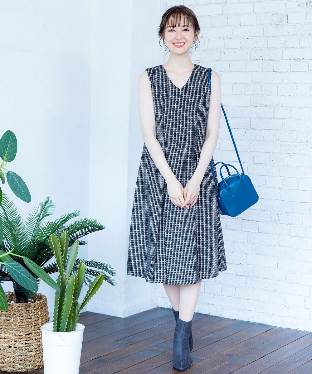 【洗える】上品ツイード生地でレディムード溢れるタックワンピース