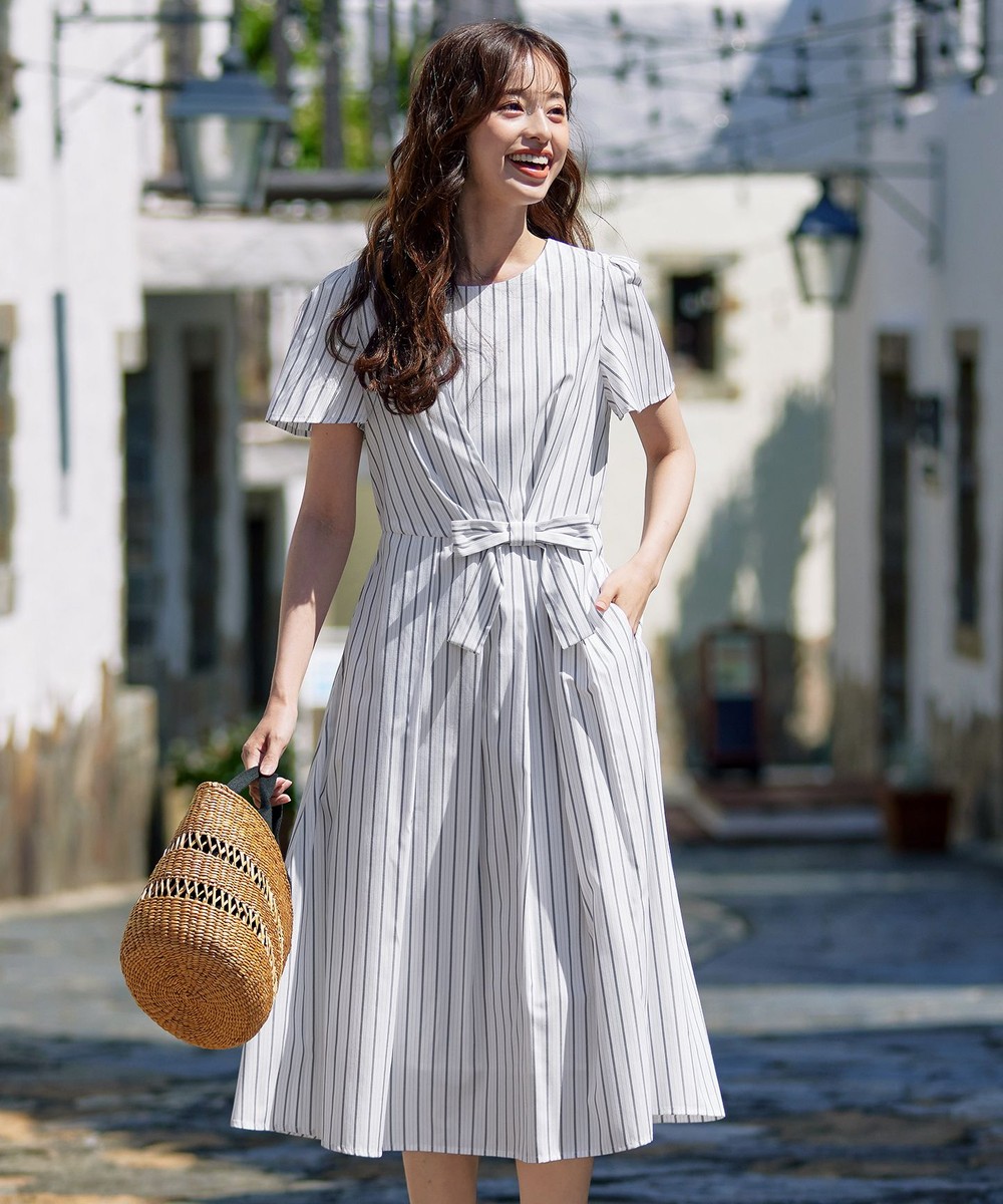 【洗える】ストライプアシンメトリーリボンワンピース