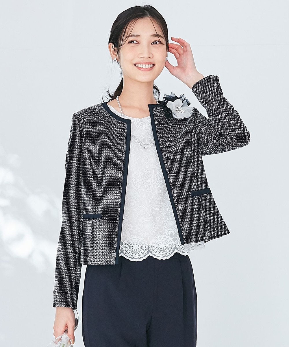 【オンワード】 ANY SIS>ジャケット/アウター 【セットアップ対応】リップルボーダー ノーカラー ジャケット シャンブレーネイビー 2 レディース 【オンワード】 ANY SIS>ジャケット/アウター 【セットアップ対応】リップルボーダー ノーカラー ジャケット シャンブレーネイビー 2 レディース