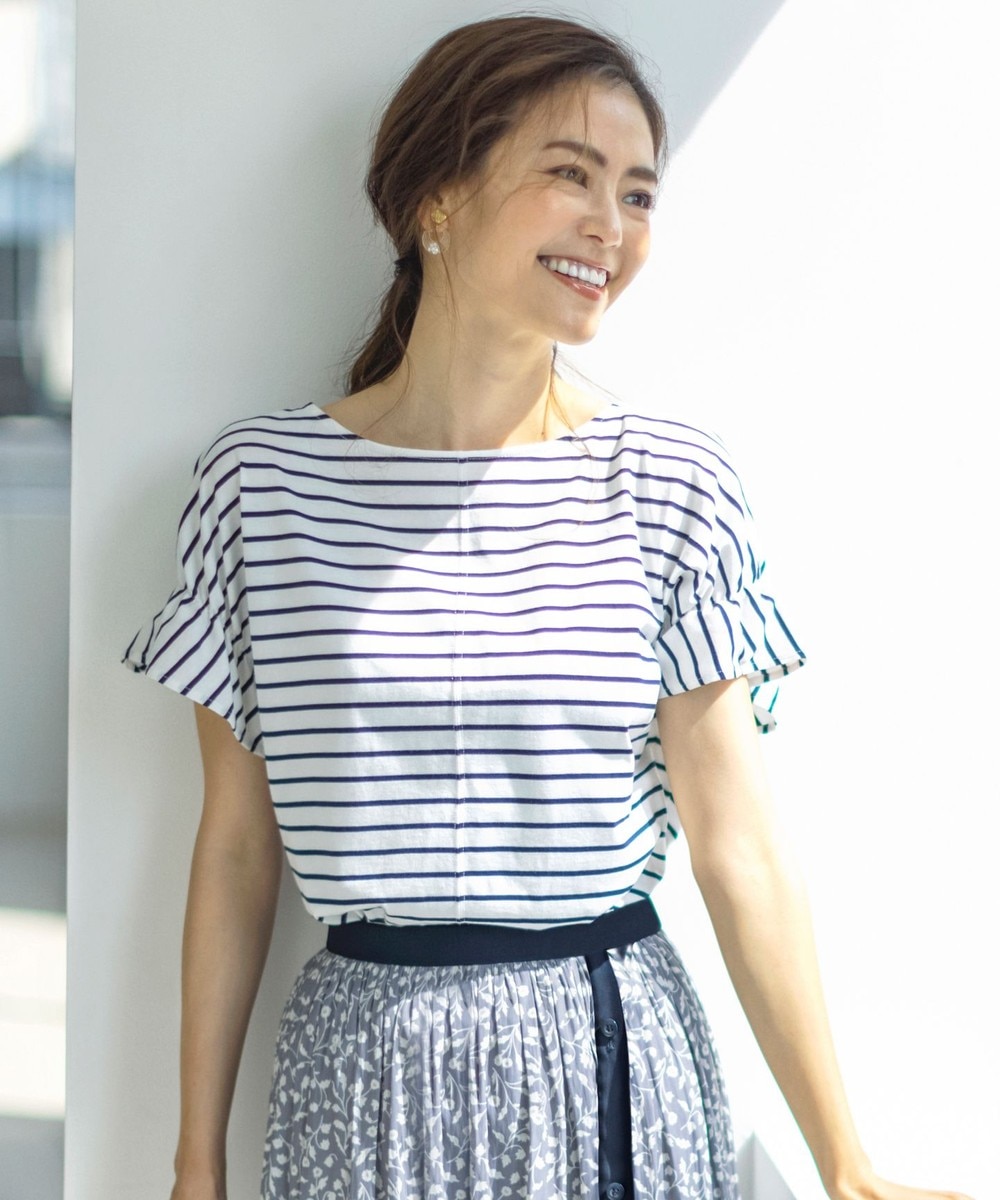 【オンワード】 any SiS>トップス 【NAIL HOLICコラボ】タックスリーブ Tシャツ ネイビーボーダー 2 レディース 【送料無料】