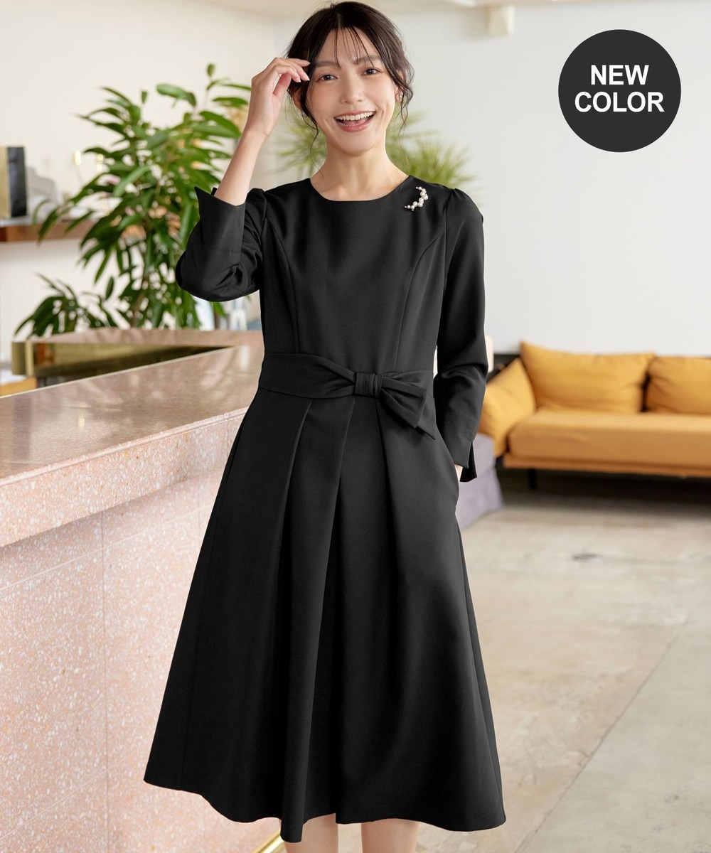 【セレモニー・新色追加・洗える】アシメリボンベルトフレアワンピース