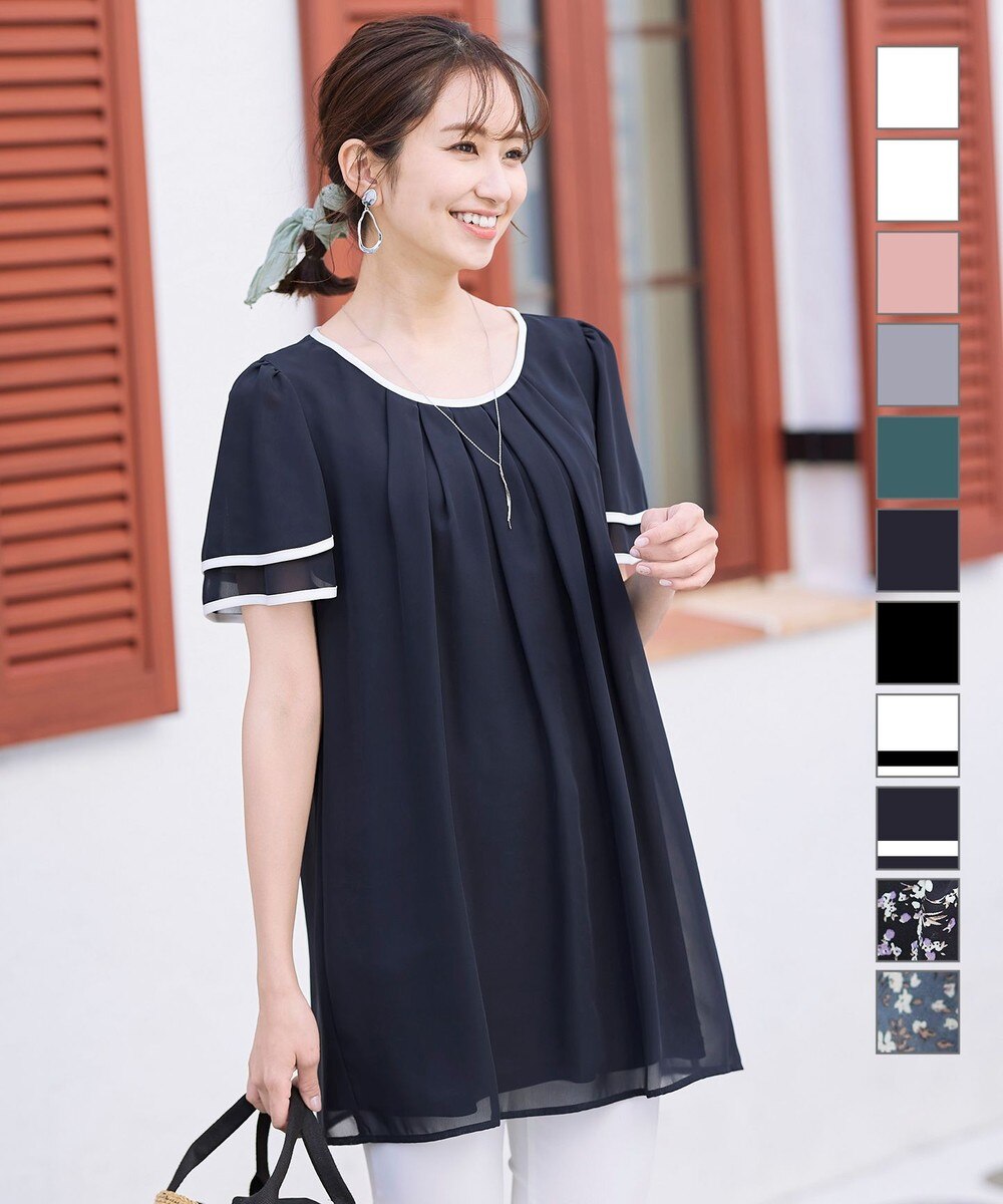 【オンワード】 Tiaclasse>ワンピース 【洗える】大人世代の上品シフォンチュニック ネイビー×オフ M レディース 【送料無料】