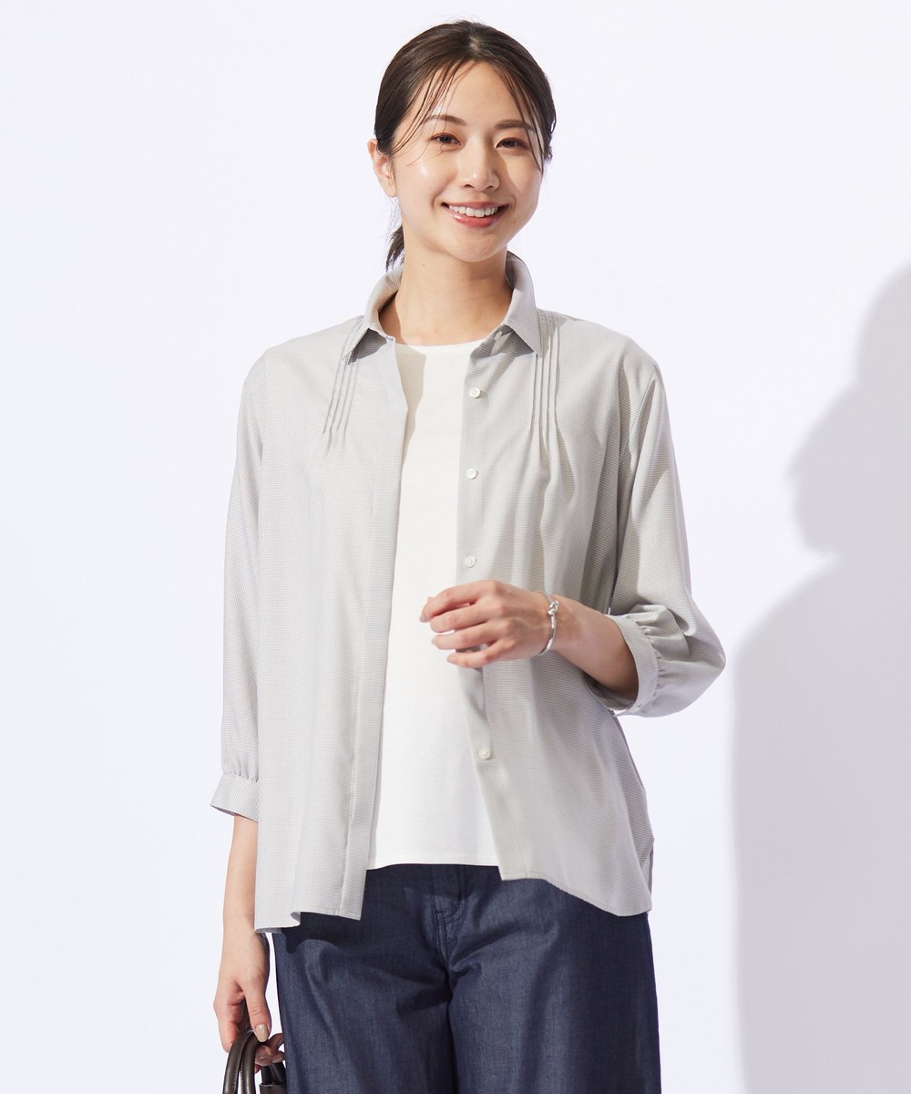 【オンワード】 J.PRESS LADIES S（小さいサイズ）>トップス 【洗える】ウォッシャブルキュプラツイル ピンタック ブラウス ライトグレーチェック P5 レディース